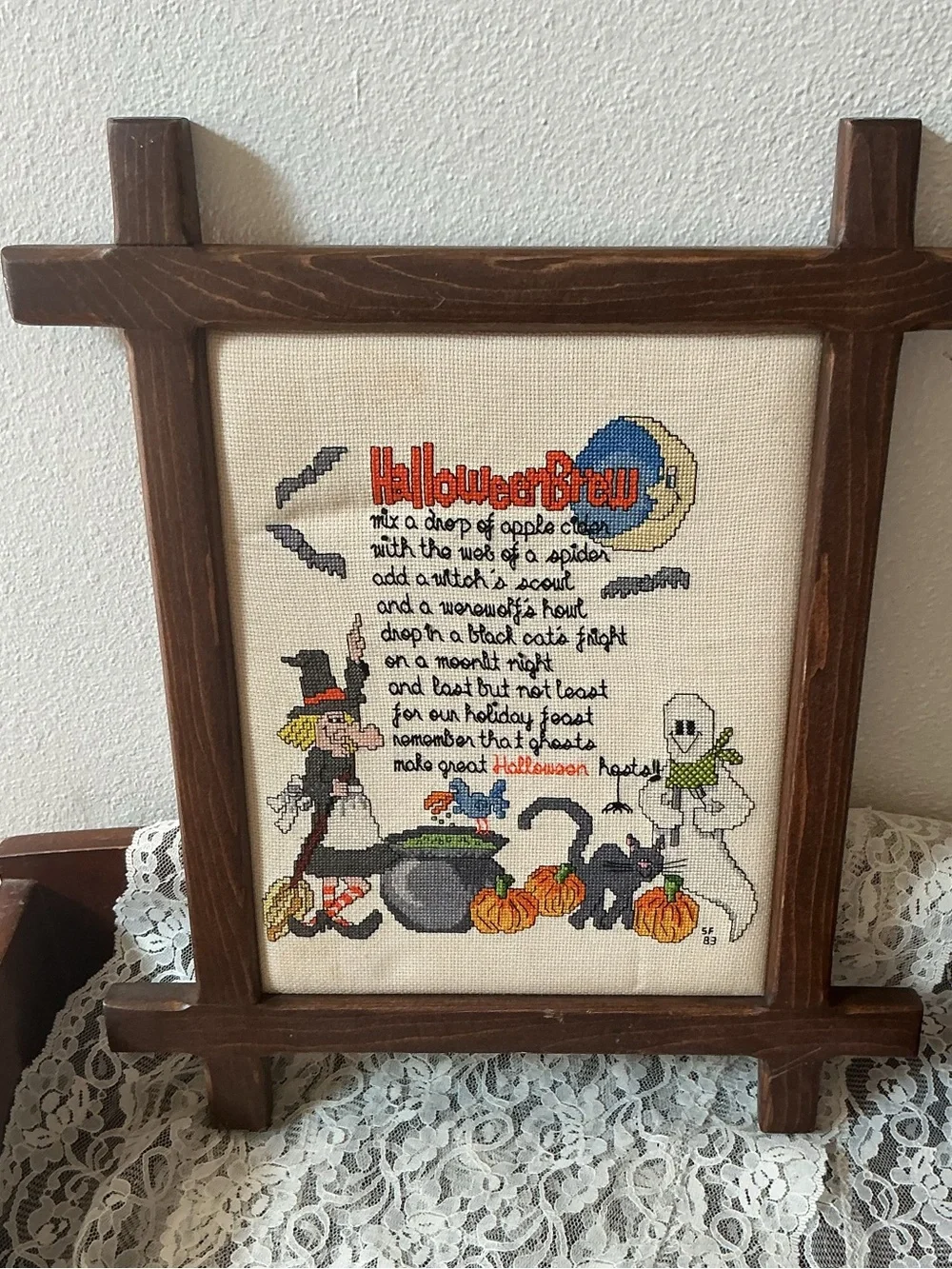 Vintage Completed Halloween Brew Cross Stitch Framed Wood Ox-Bow 1983 Whimsical